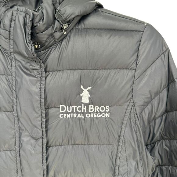Dutch Bros Central Oregon Puffer Jacket Small Black Hooded Down Insulated Coat - Picture 2 of 10